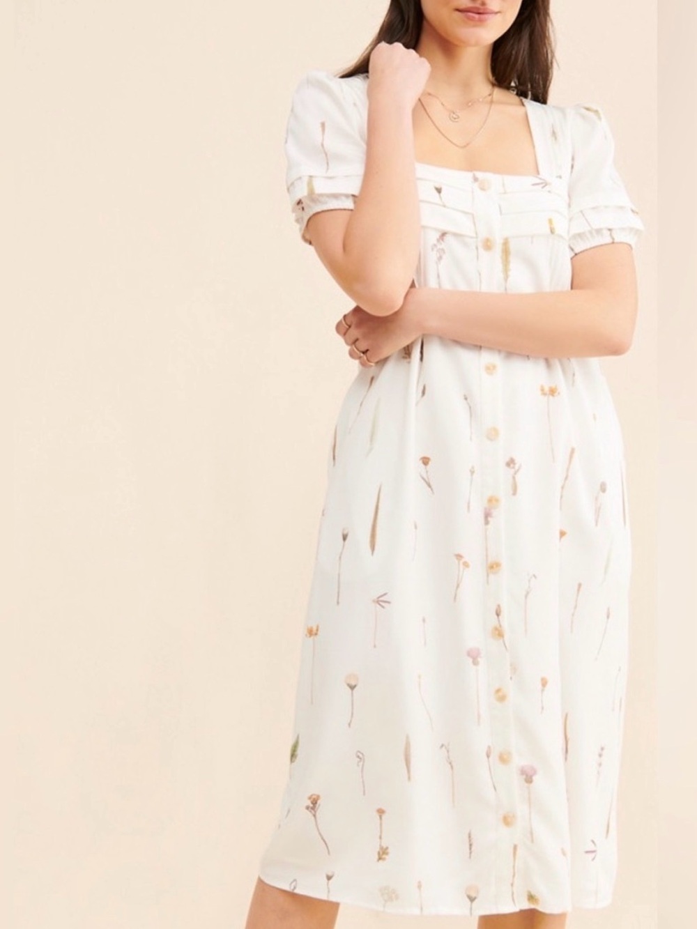 Ivory Square-Neck Midi Dress with Subtle Floral Print